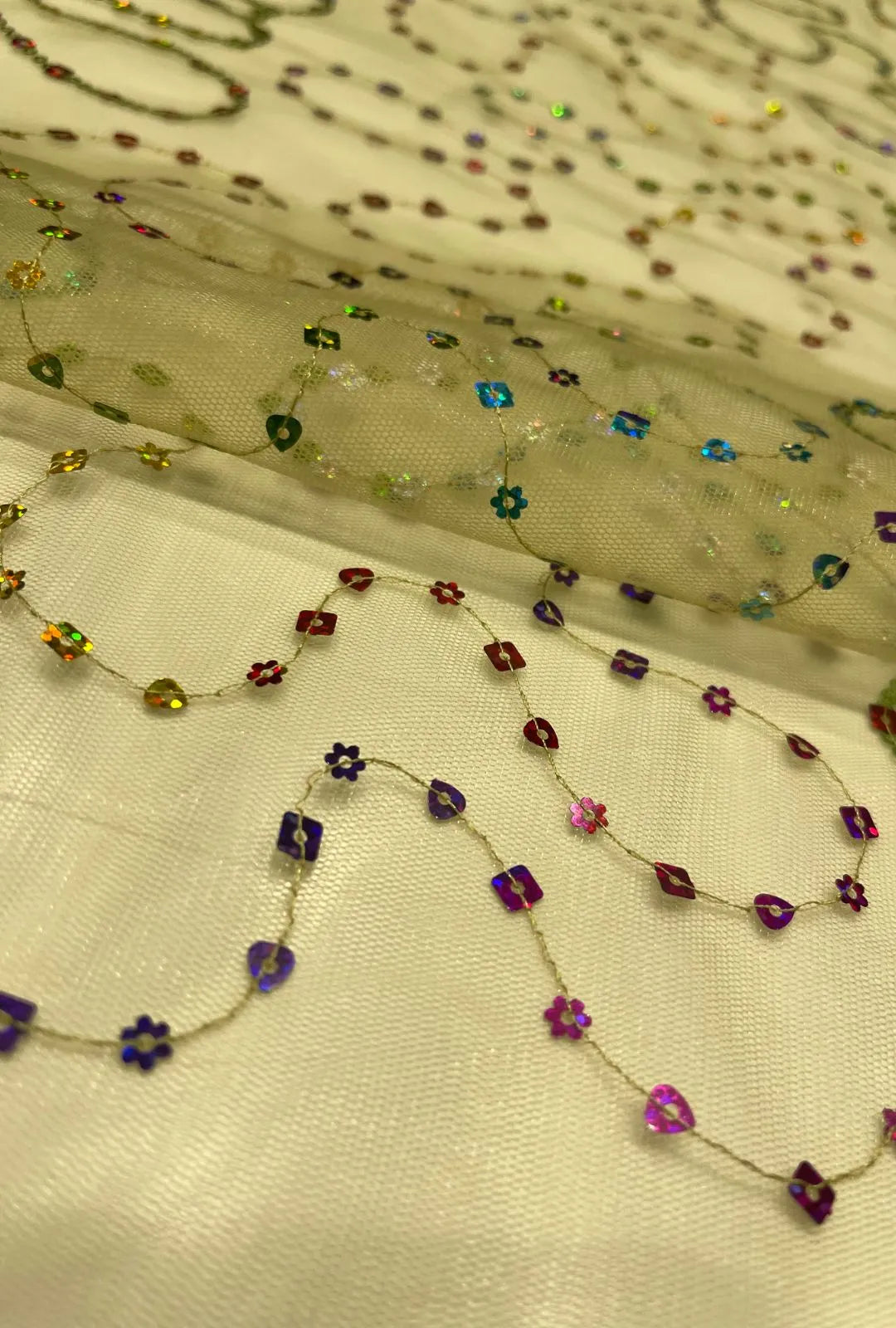 Sinuous Linear Multi-Shaped Sequence Embroidered Net Fabric