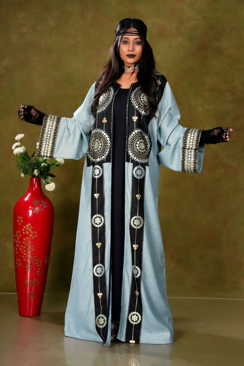 Sky Blue Embroidered Long Shrug with Designer Sleeves