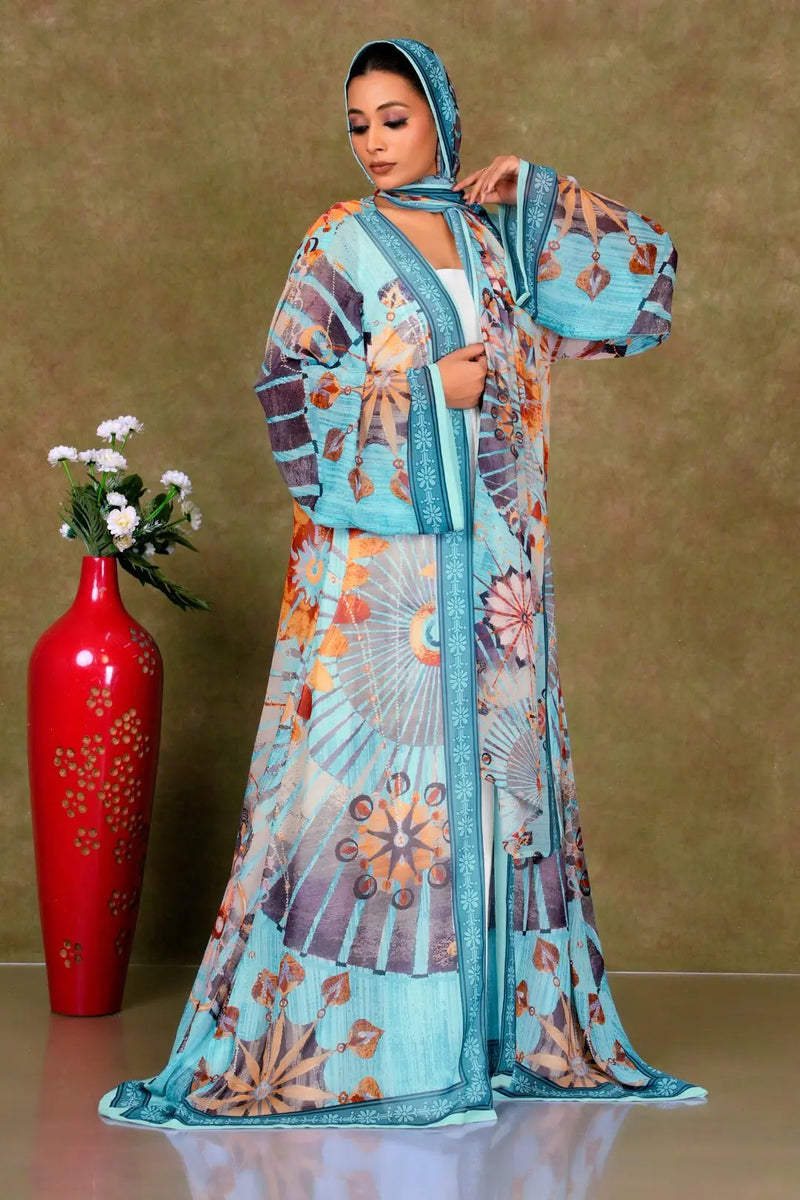 Woman wearing a colorful shrug with a pattern gajiwala export