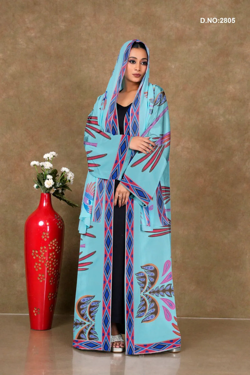 Sky Blue Chiffon Shrug Set with Tribal Motif Print and Diamond Trim