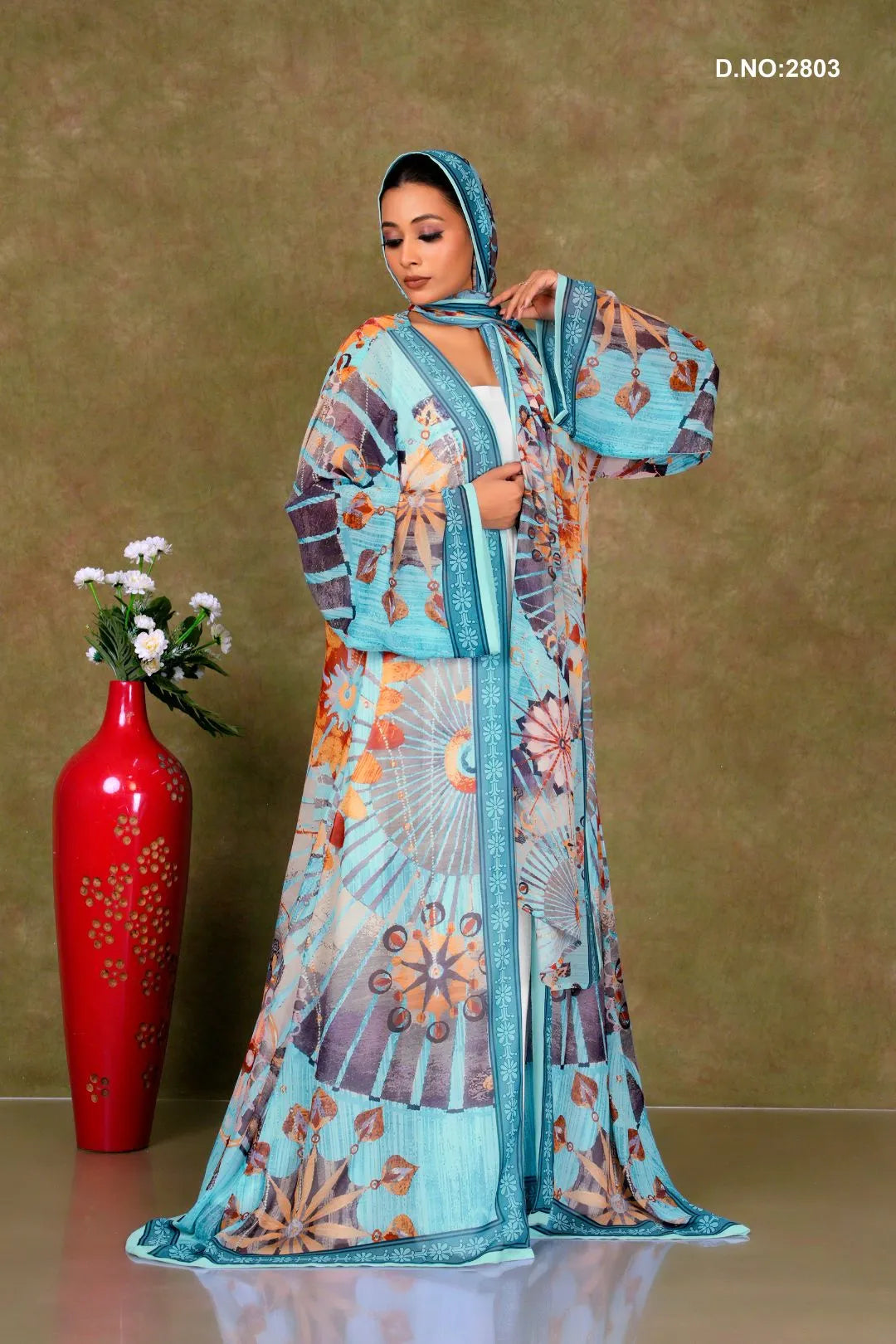 Sky Blue Chiffon Shrug with Abstract Radial Print and Solid Border