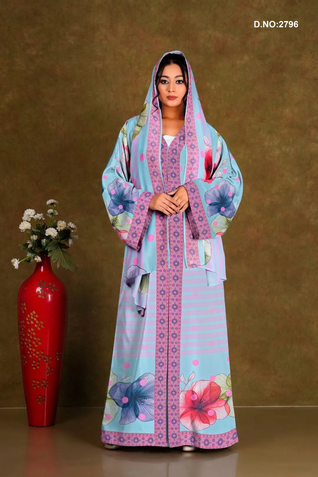 Sky Blue Elegant Floral Printed Shrug with Dupatta Style Drape