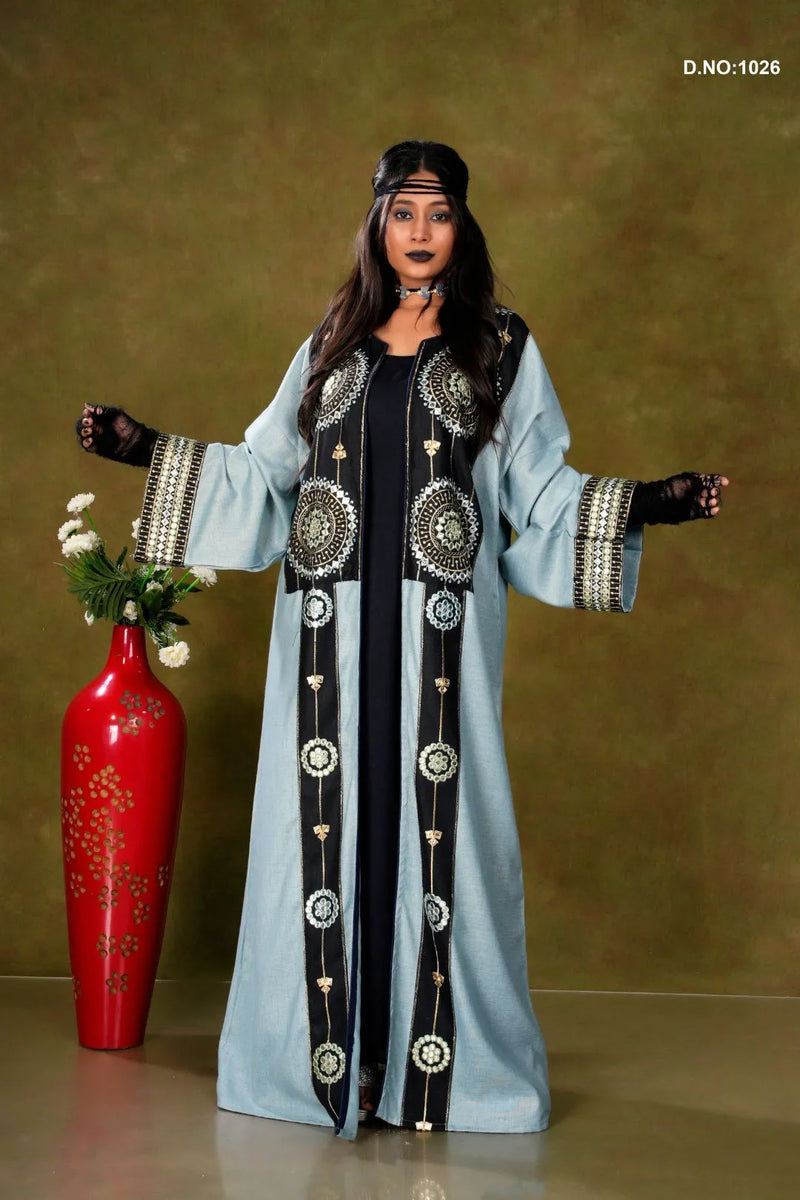 Sky Blue Embroidered Long Shrug with Designer Sleeves