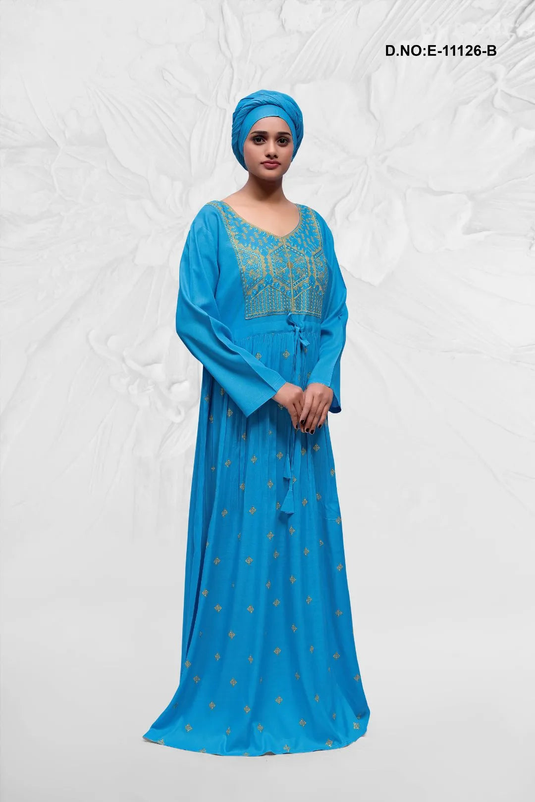 Sky Blue Embroidery Designed Kaftan With Stole For Women