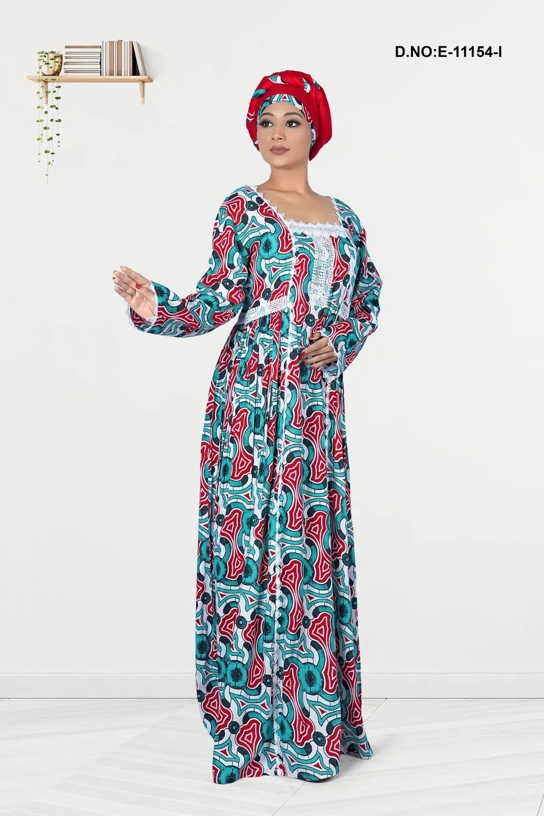Sky Blue Flower Printed African Kaftan With Stole For Women