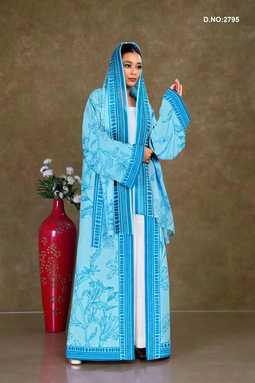 Sky Blue Graceful Long Shrug with Floral Print Detailing