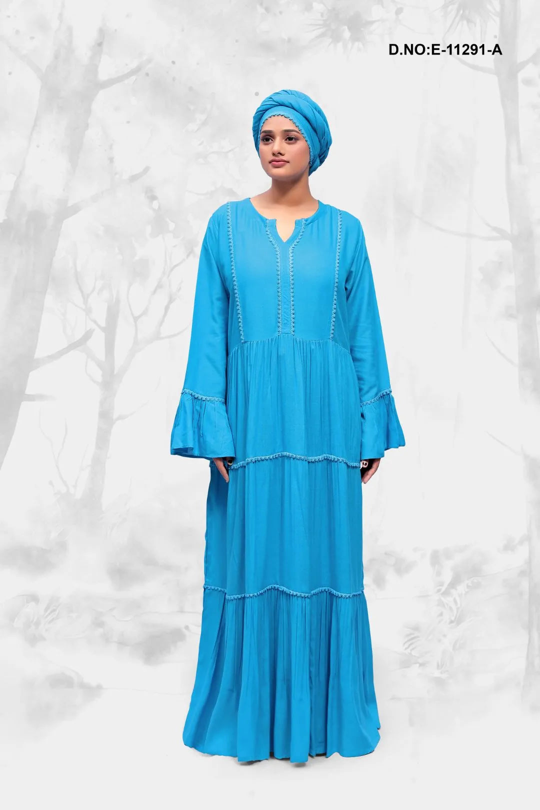 Sky Blue Puff Casual Long Sleeve Kaftan Dress For Women