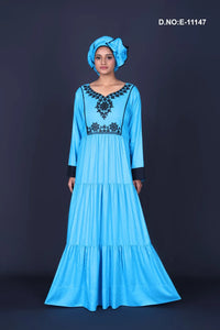 Skyblue Neck Embroidery Kaftan With Stole