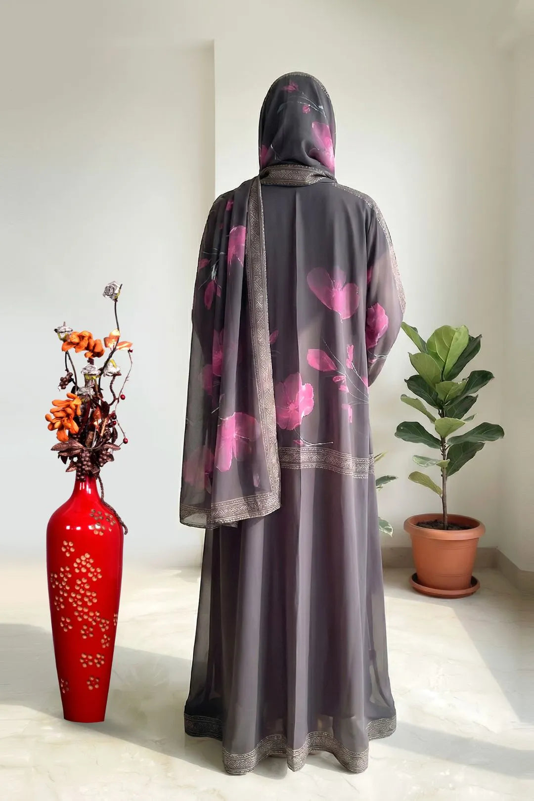 Smoky Grey Floral Accent Weightless Abaya Soft Elegant Drape