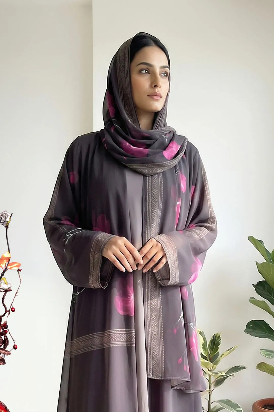 Smoky Grey Floral Accent Weightless Abaya Soft Elegant Drape