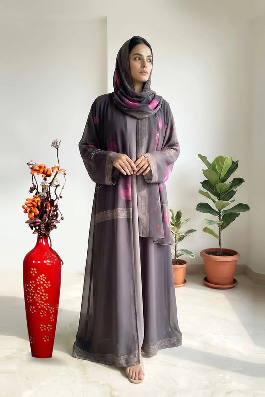 Smoky Grey Floral Accent Weightless Abaya Soft Elegant Drape