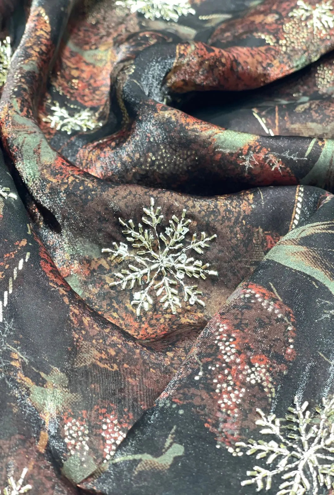 Snowflake Metallic Foil Embroidered NC Satin Premium Textile