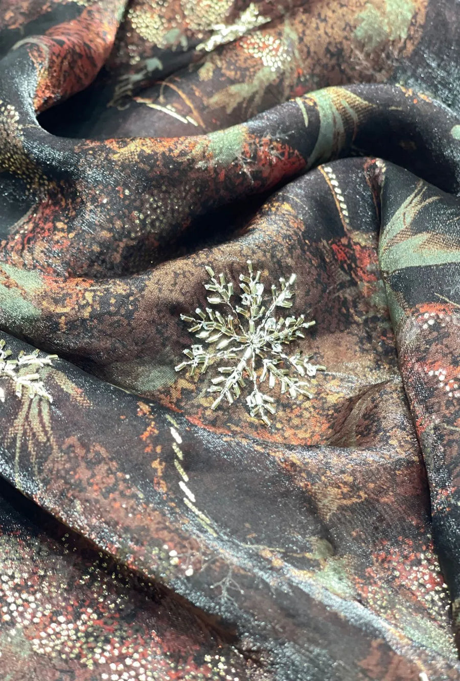 Snowflake Metallic Foil Embroidered NC Satin Premium Textile