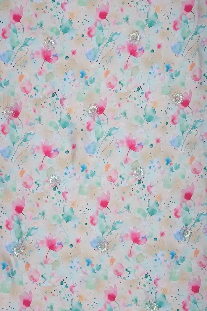 Soft Watercolor Floral with Silver Handwork Sprigs