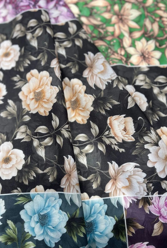 Striking Charcoal Paneled Floral Printed London Cotton Fabric