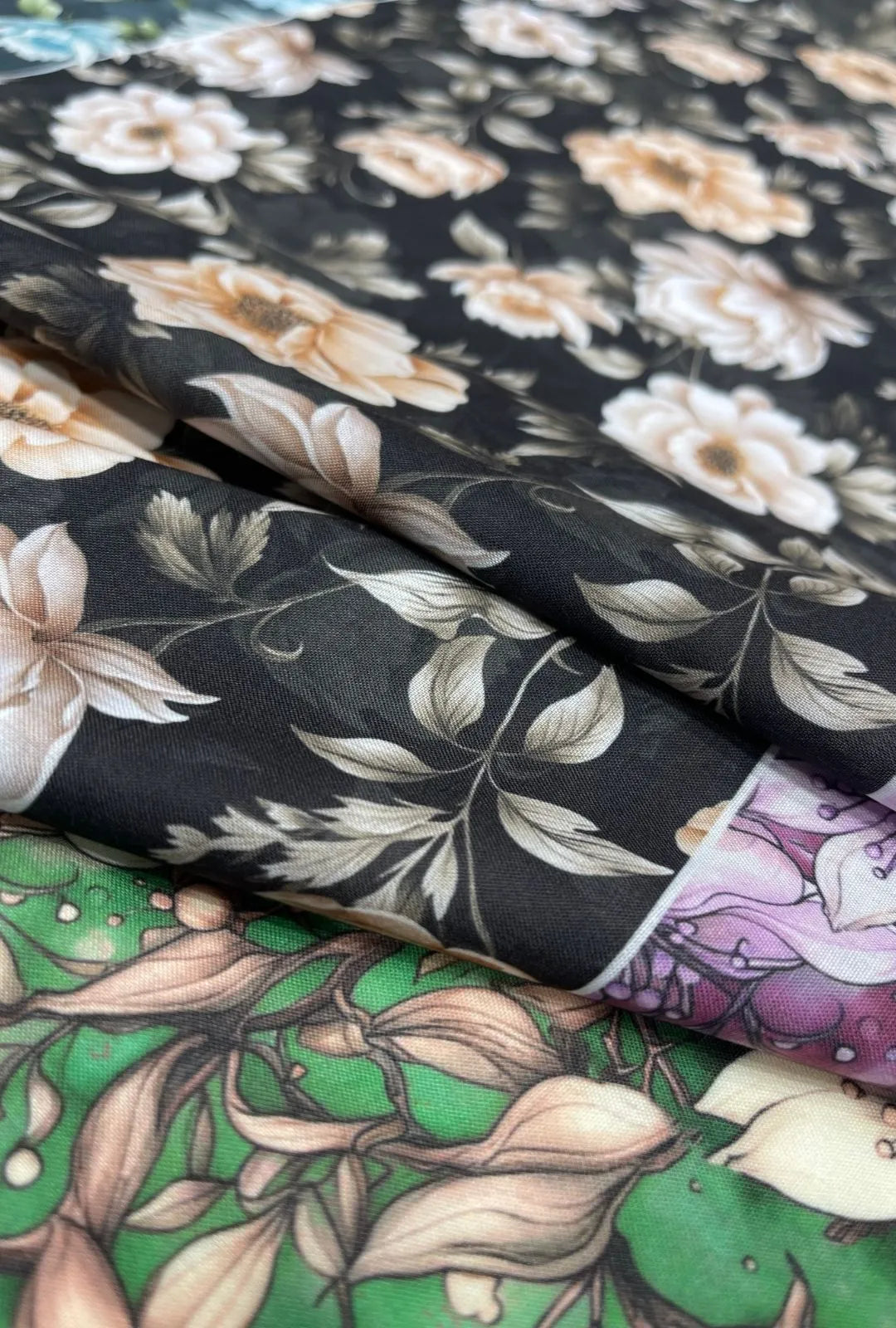 Striking Charcoal Paneled Floral Printed London Cotton Fabric