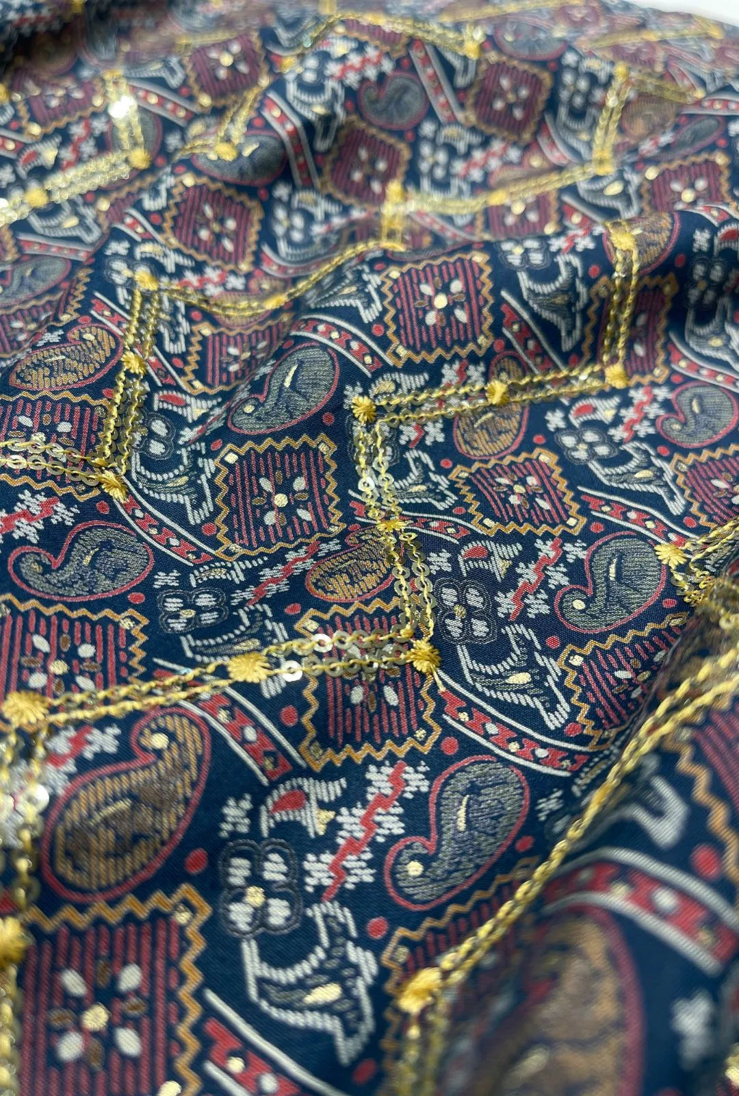 Striking Midnight Blue Chanderi Fabric with Golden Embroidery