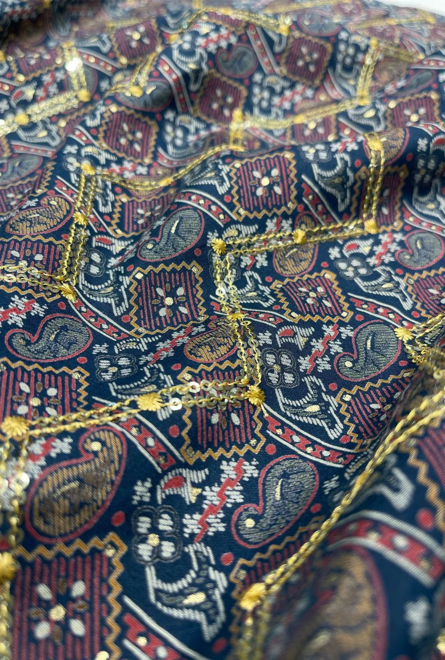 Striking Midnight Blue Chanderi Fabric with Golden Embroidery