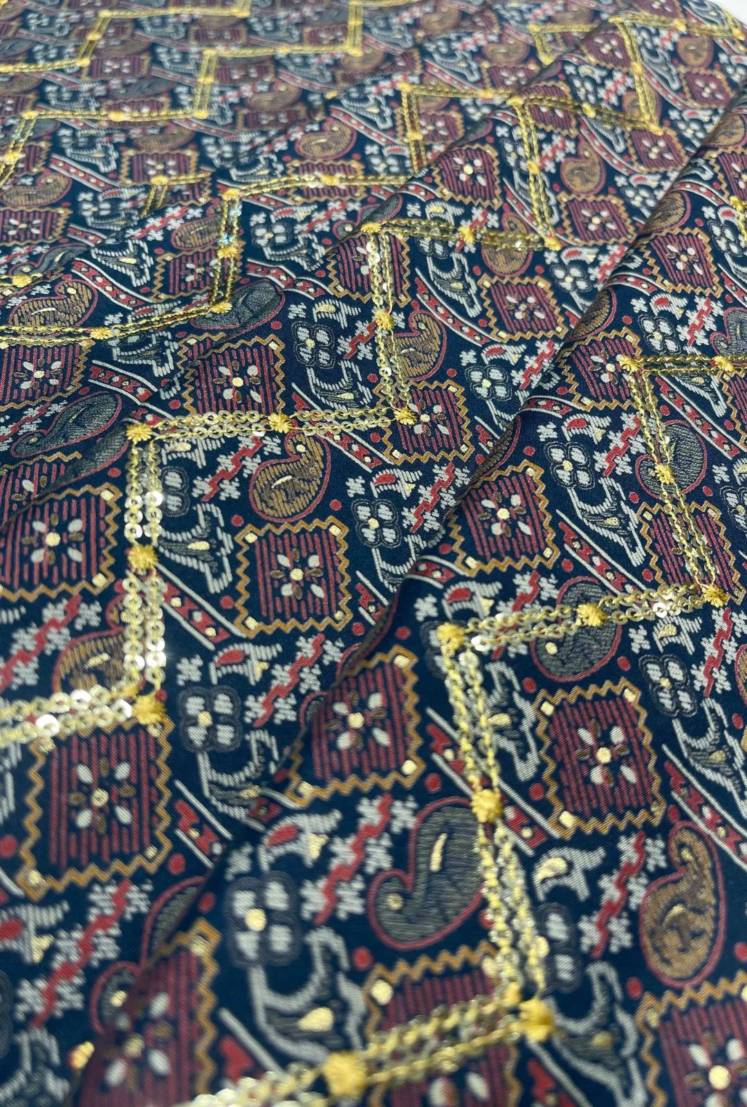 Striking Midnight Blue Chanderi Fabric with Golden Embroidery
