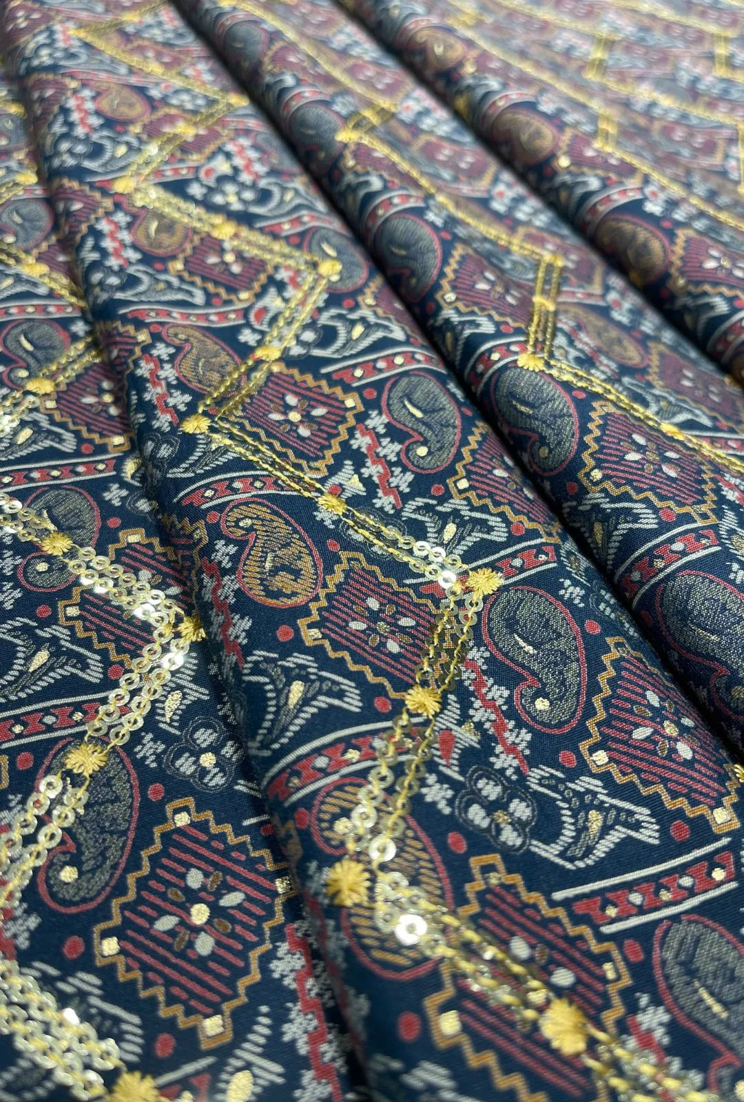 Striking Midnight Blue Chanderi Fabric with Golden Embroidery