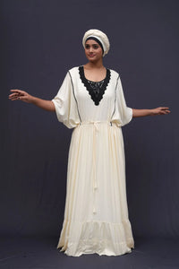 Striped Off White Cotton Kaftan With Scarf For Womens