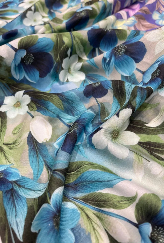 Stunning Blue Floral Printed London Cotton Luxury Gown Fabric