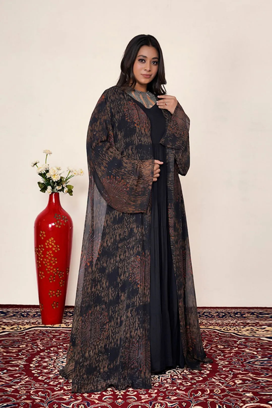 Textured Chiffon Sequin Long Overlay Abaya Style Shrug For Women
