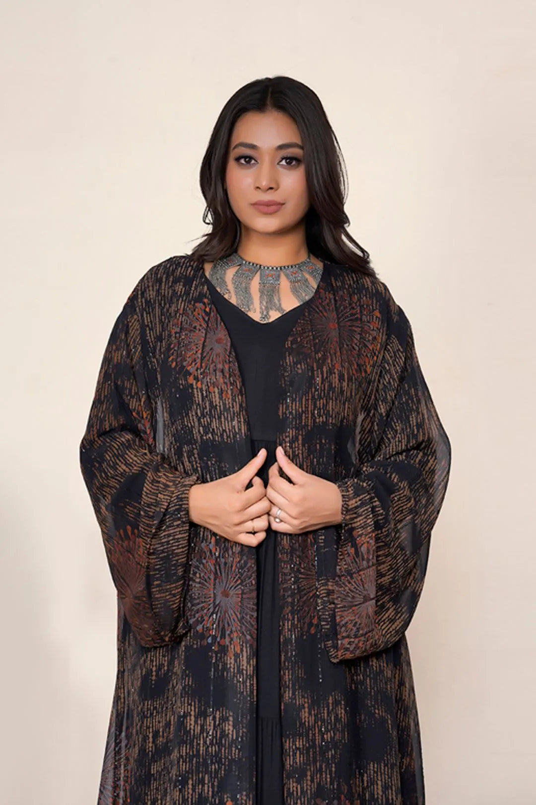 Textured Chiffon Sequin Long Overlay Abaya Style Shrug For Women