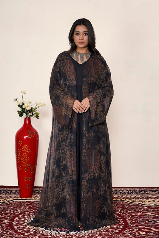Textured Chiffon Sequin Long Overlay Abaya Style Shrug For Women
