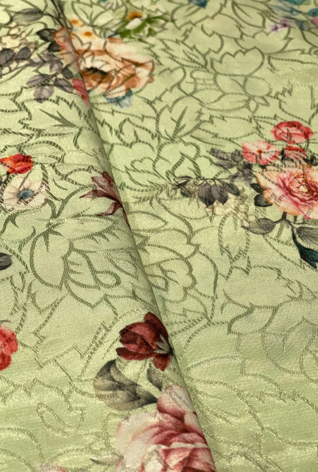 Tinted Satin Jacquard Segment Depicting Leaves Upon Ridged Meshes