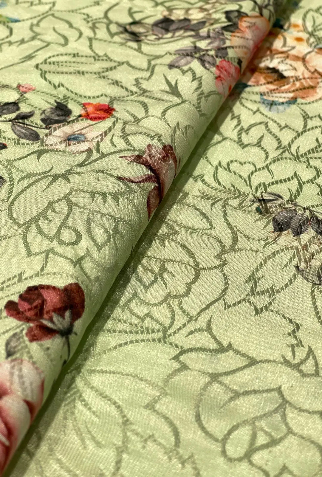 Tinted Satin Jacquard Segment Depicting Leaves Upon Ridged Meshes