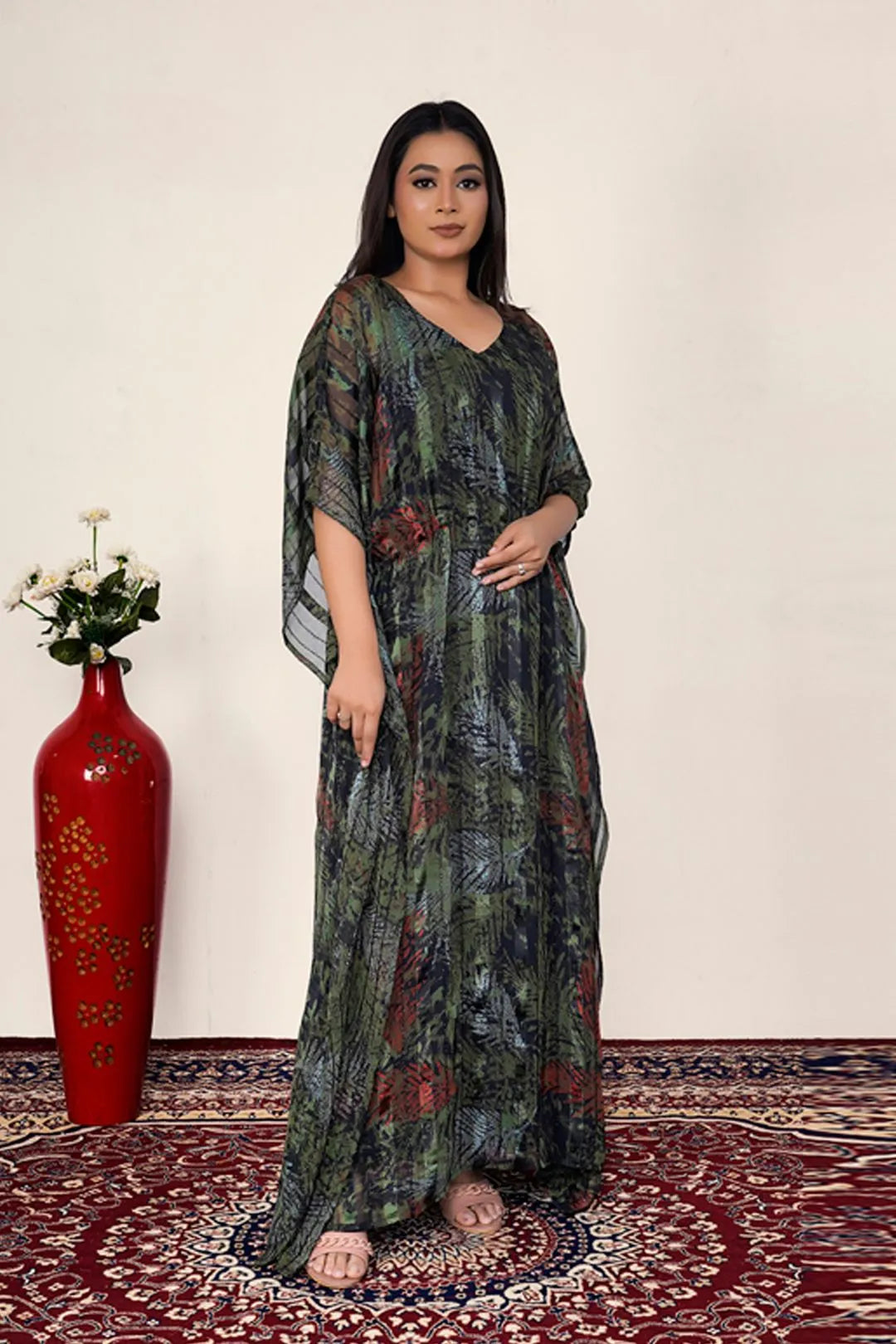 Tropical Leaf Chiffon Kaftan Flow Dress Relaxed Islamic Wear