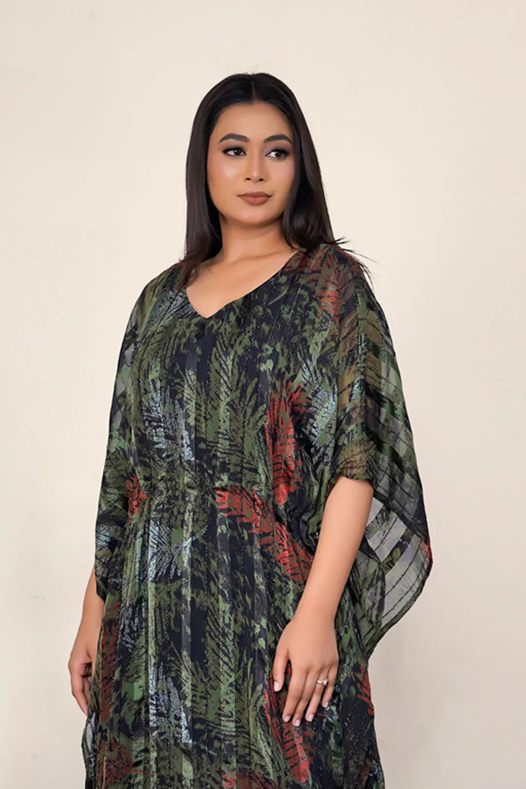 Tropical Leaf Chiffon Kaftan Flow Dress Relaxed Islamic Wear