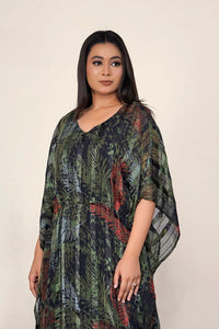Tropical Leaf Chiffon Kaftan Flow Dress Relaxed Islamic Wear