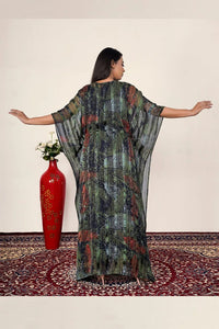 Tropical Leaf Chiffon Kaftan Flow Dress Relaxed Islamic Wear