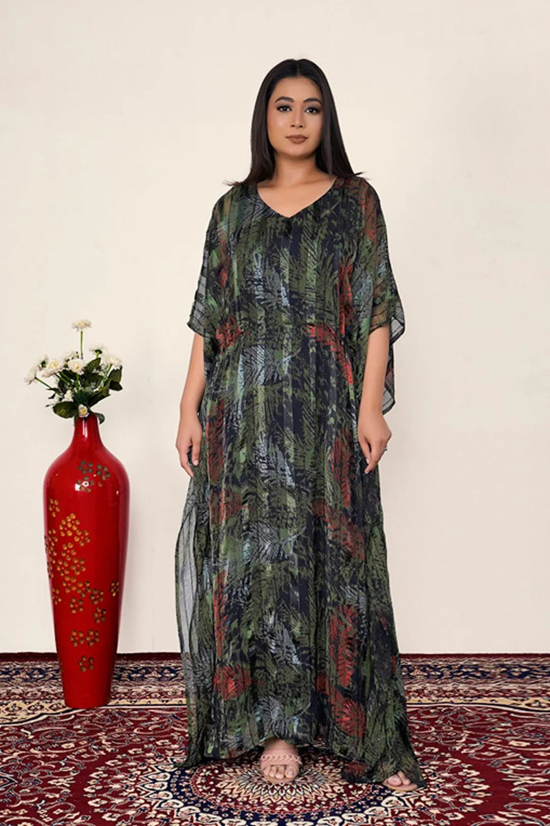 Tropical Leaf Chiffon Kaftan Flow Dress Relaxed Islamic Wear
