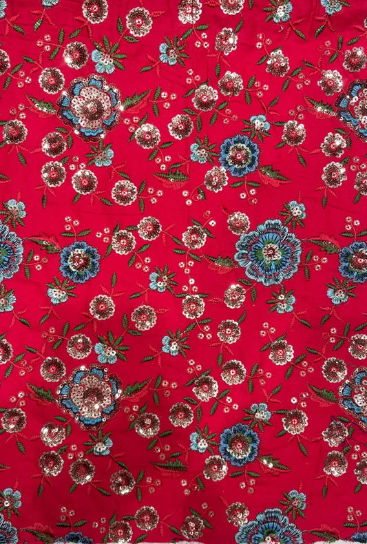 Vibrant Red Embroidered Cotton Fabric With Sequence Work