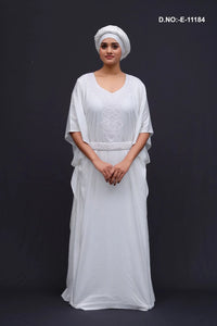 White Chicken Work Kaftan With Scarf For Women