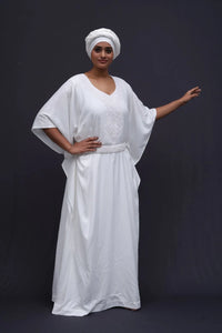 White Chicken Work Kaftans With Scarf For Women's