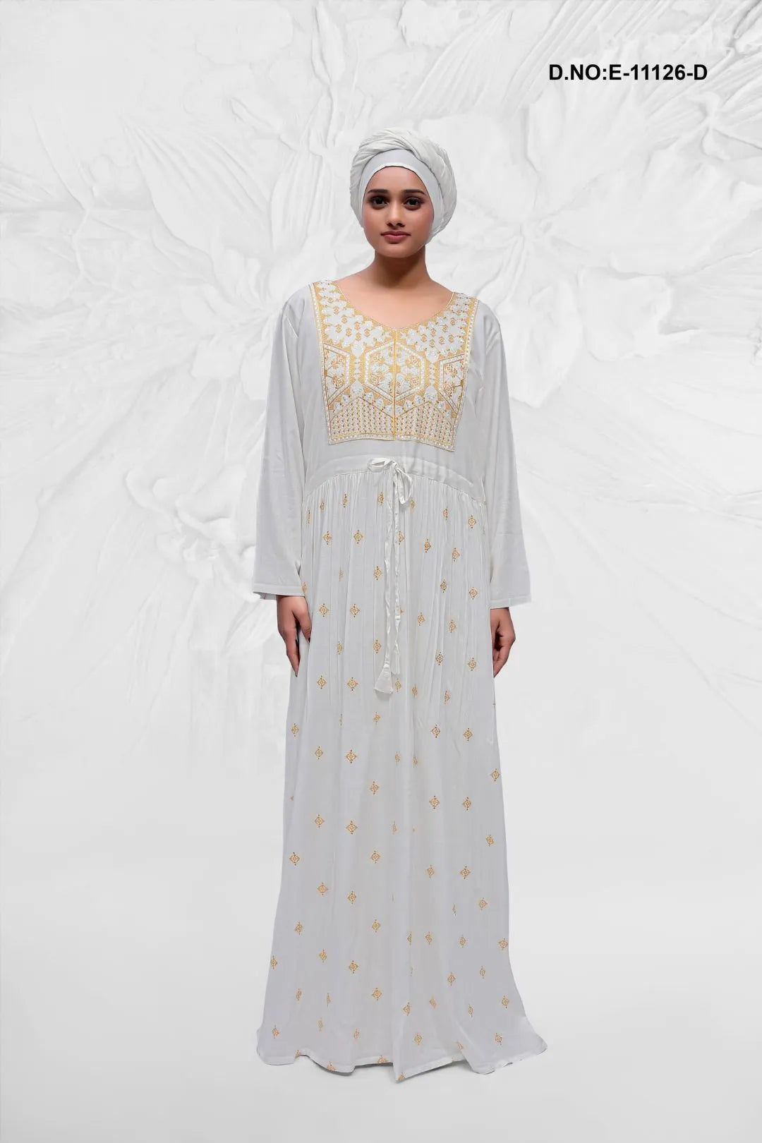 White Embroidery Designed Kaftan With Stole For Women