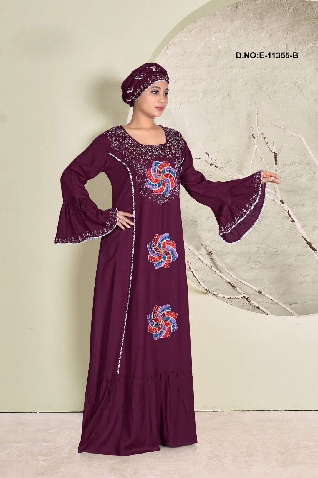 Wine Faux Gorgeous Embroidered Readymade Kaftan