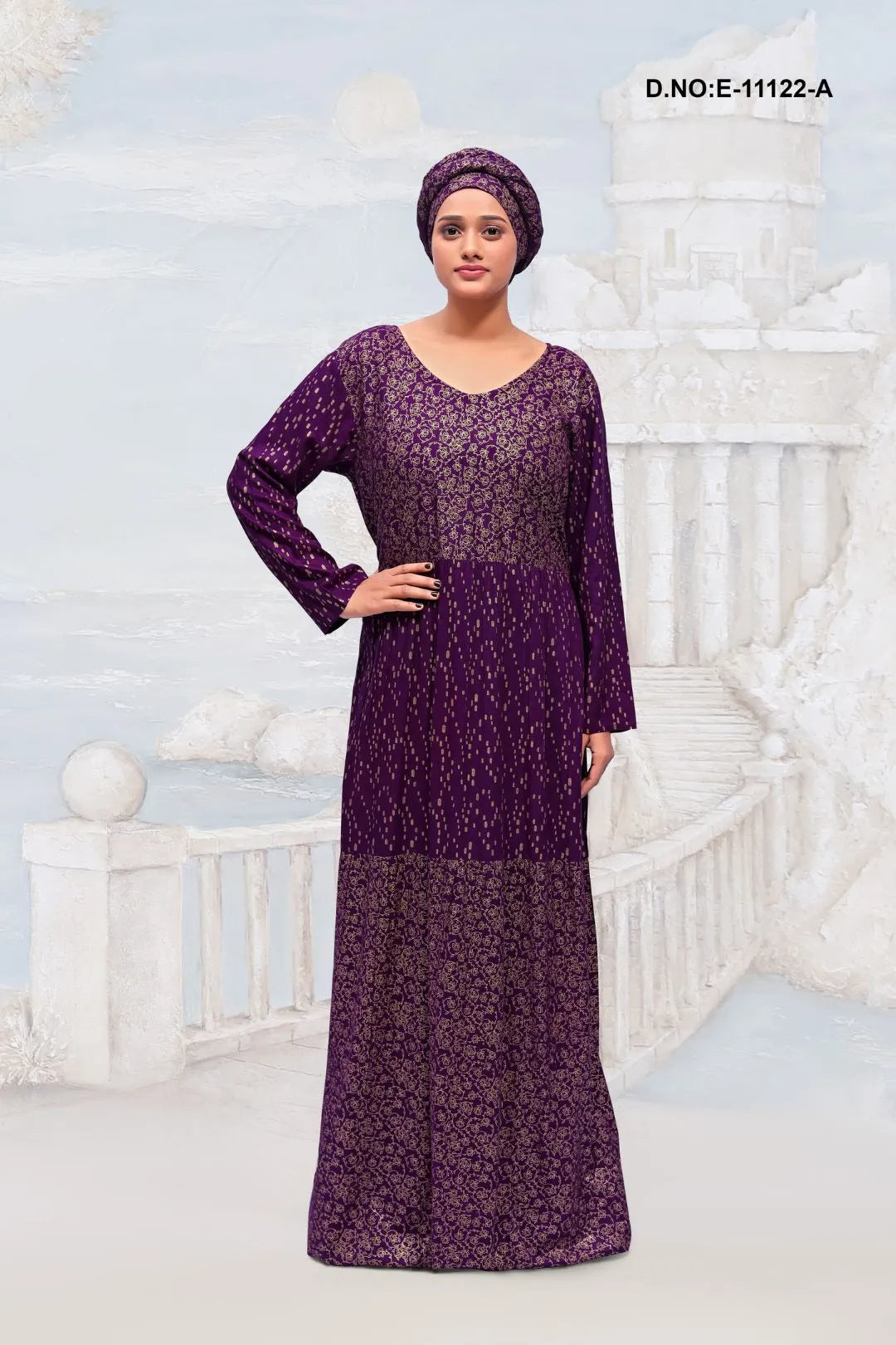 Wine Fully Florer Printed Kaftan With Stole For Women