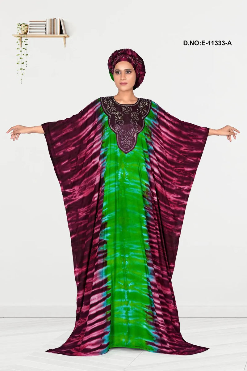 Wine Mill Print Embroidered Fusion Farasa Kaftan For Women
