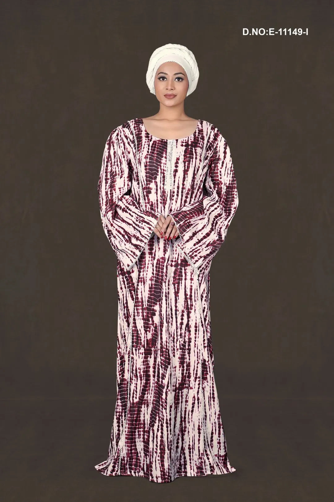 Wine Tie & Dye Printed Kaftan With Stole For Women