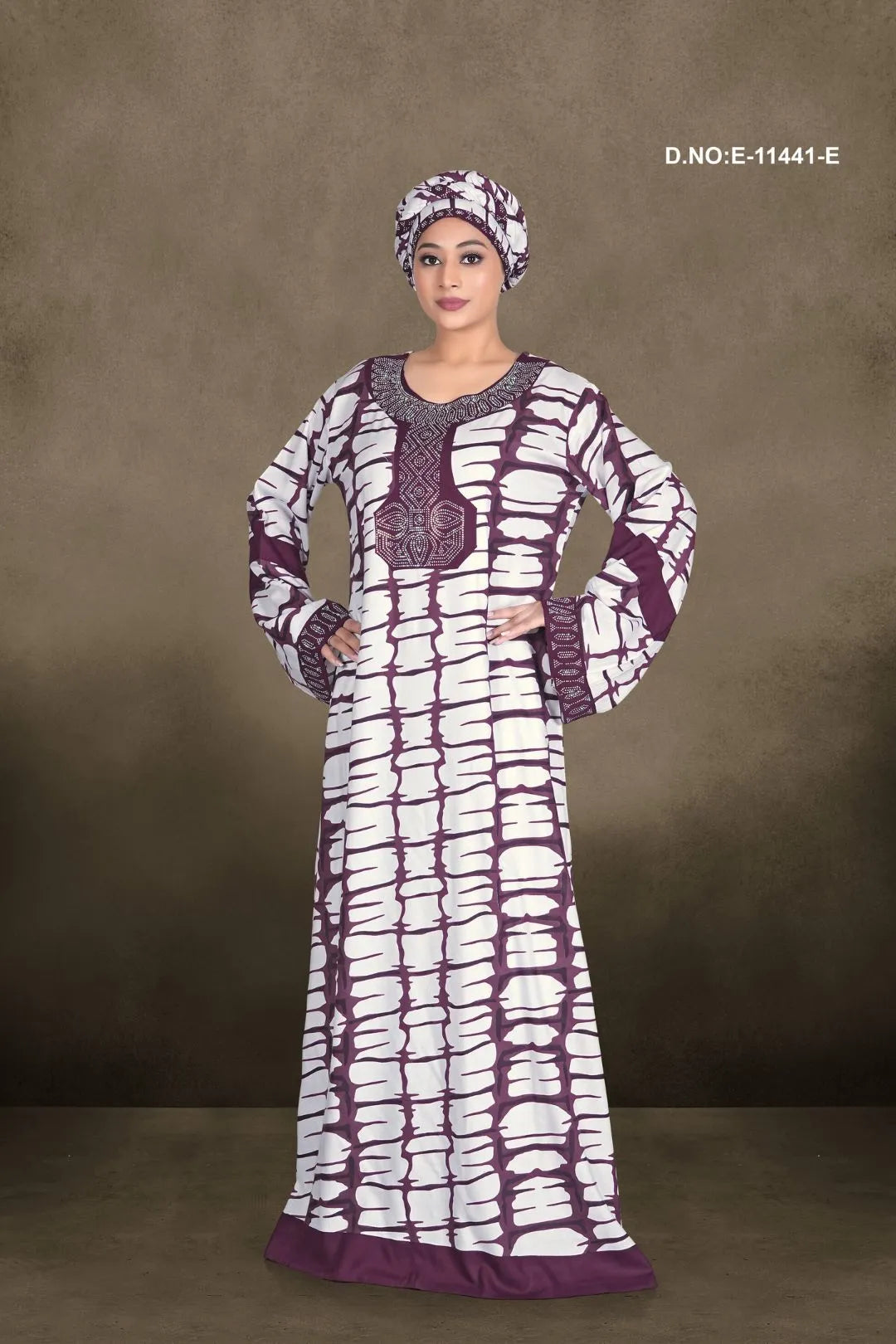 Wine Women's Casual Designer Long Sleeve Printed Loose Kaftan