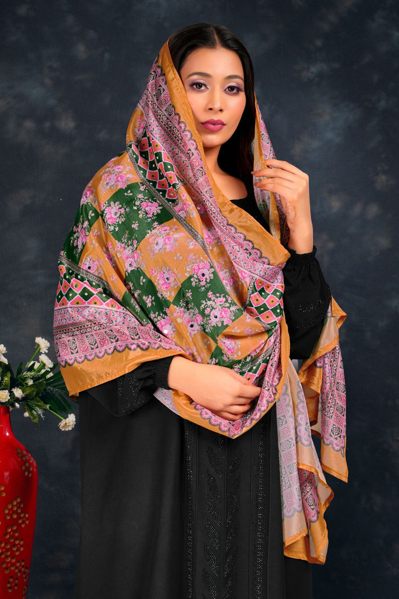 Woman wearing a floral patterned scarf