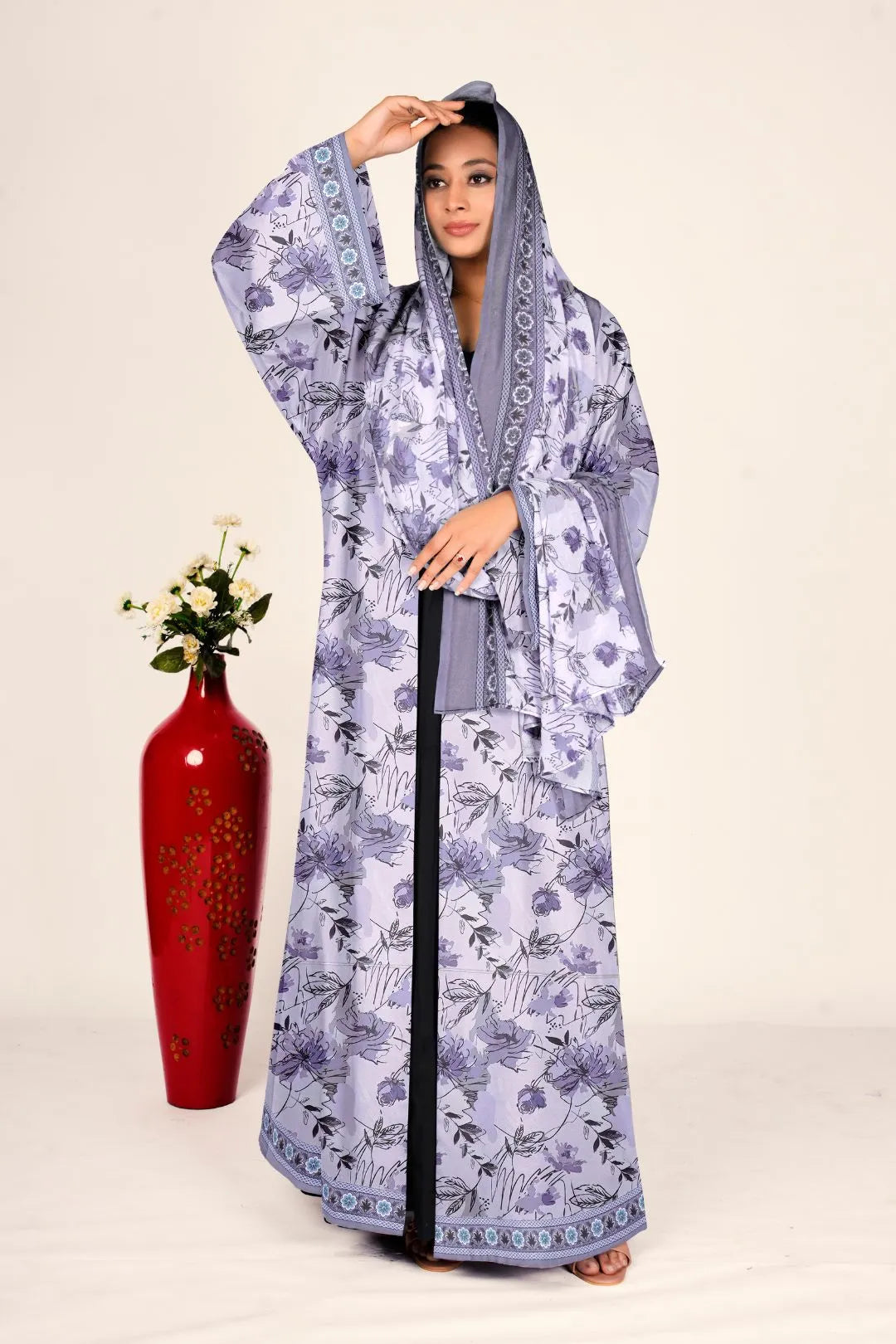 Women Chiffon Floral Long Shrug Open Front Full Length Modest Wear