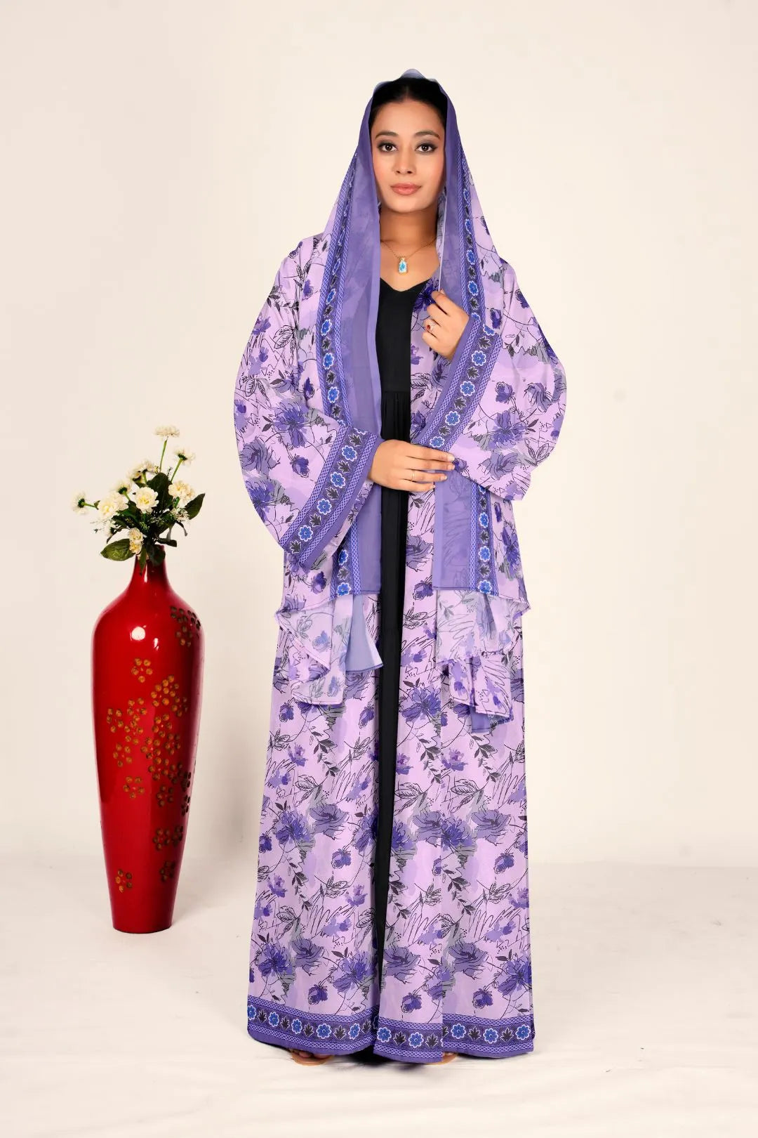 Women Chiffon Floral Long Shrug Open Front Full Length Modest Wear