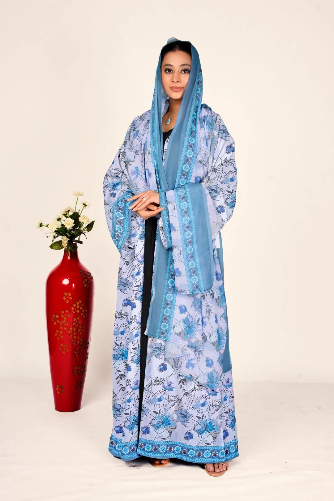 Women Chiffon Floral Long Shrug Open Front Full Length Modest Wear