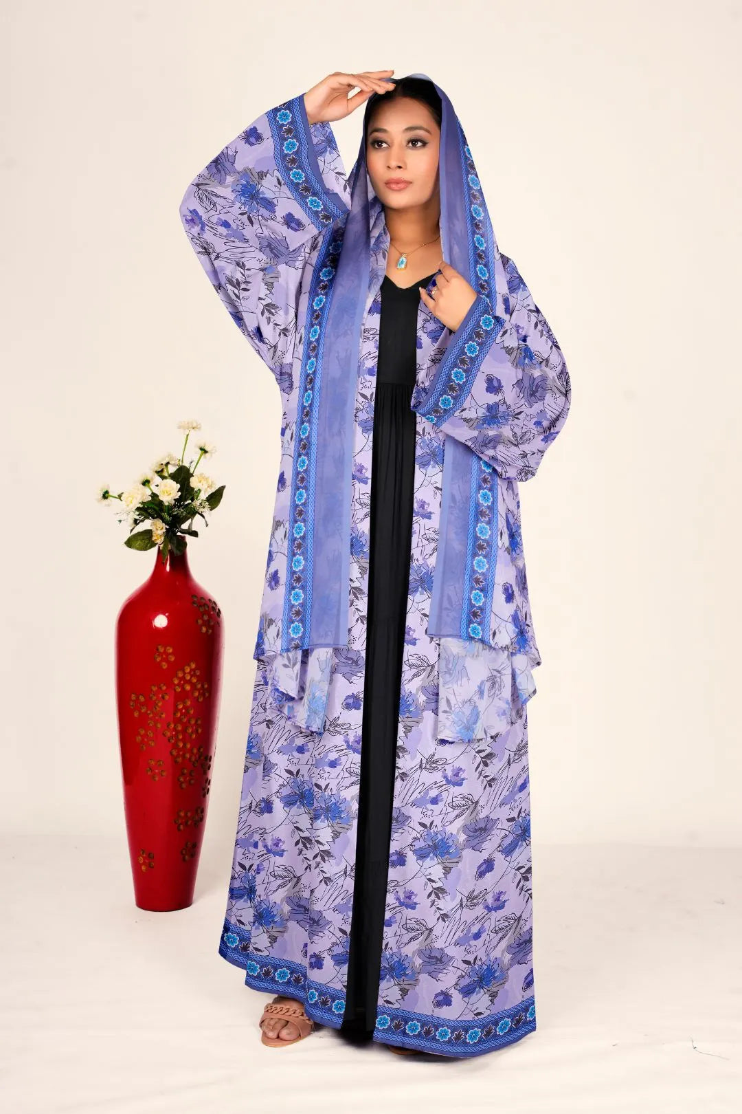 Women Chiffon Floral Long Shrug Open Front Full Length Modest Wear